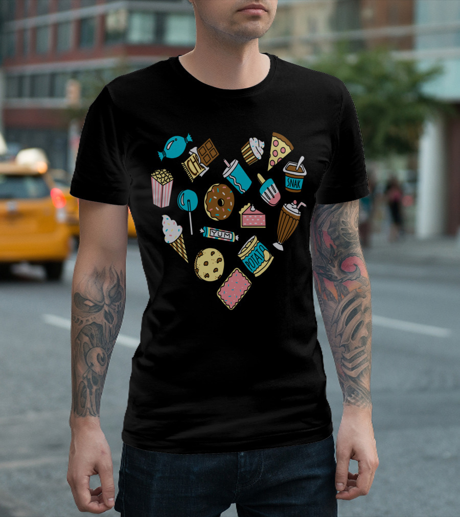 Yum Snacks: Candy, Popcorn, Milkshake, Ice Cream, Chocolate In Sweet Heart Shape T-Shirt