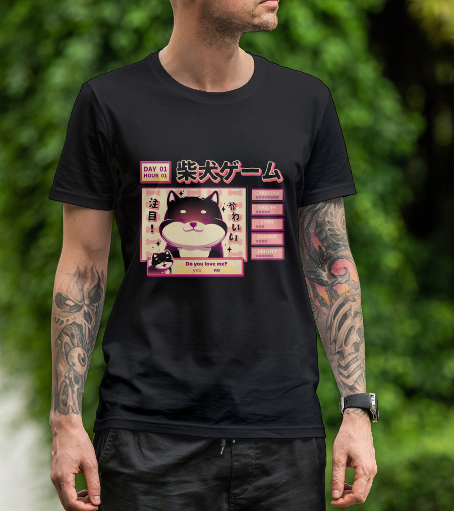 Day 01 Hour 01 Shiba Inu Game Do You Love Me Kawaii Charisma Health Lives Damage Ability T-Shirt
