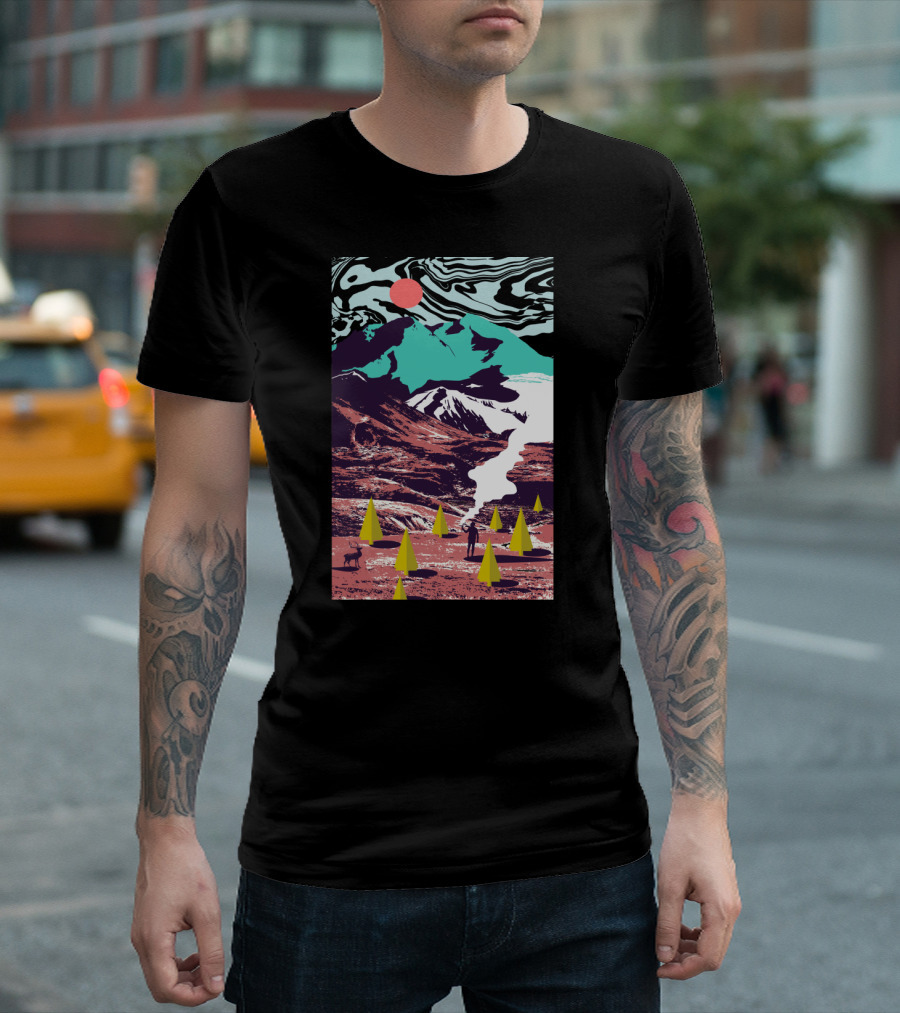Surreal Landscape with Mountains, Trees, and Person Under Pink Sun - Lost in Translation T-Shirt