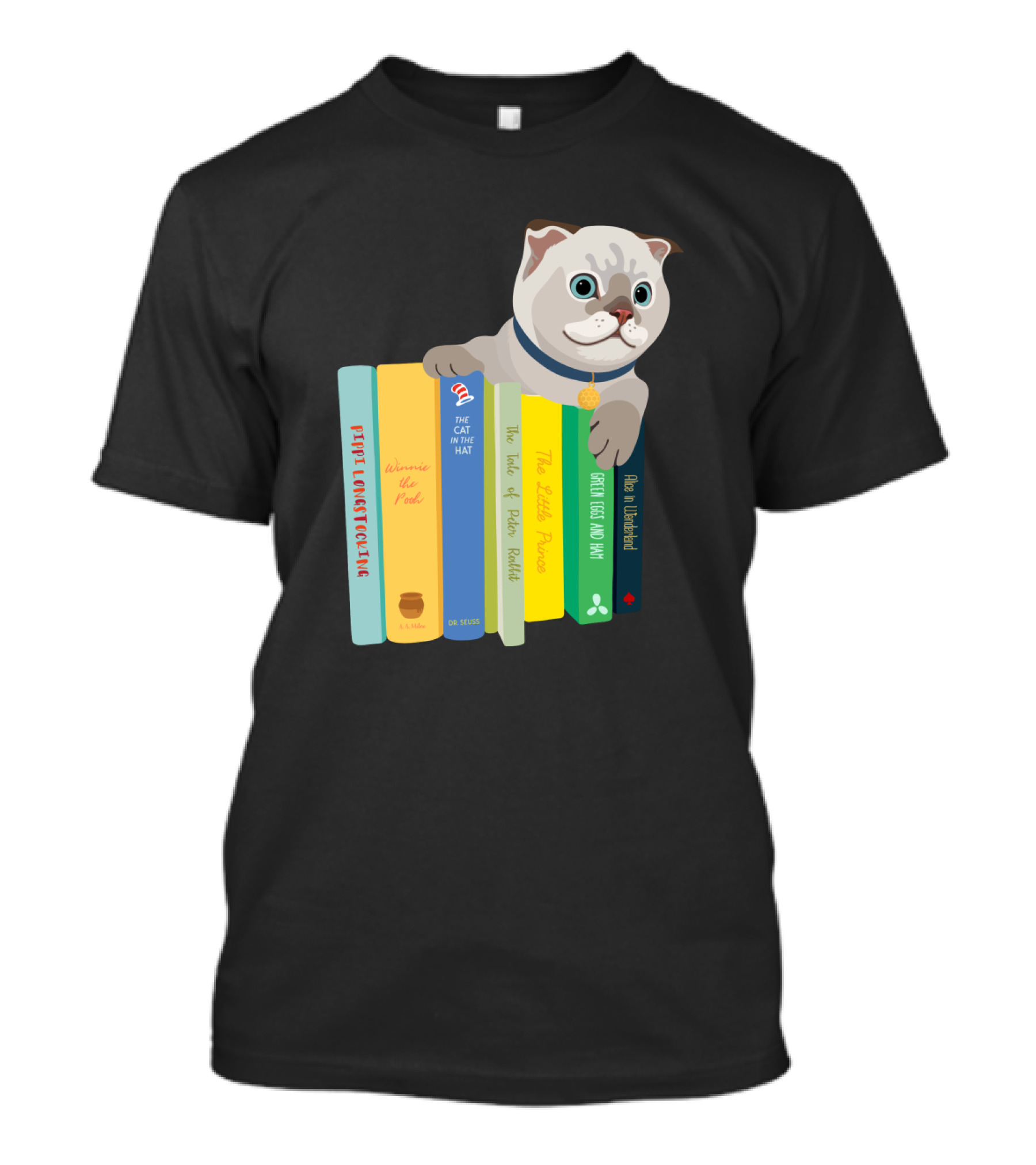 Scottish Fold Cat Sitting On Classic Children's Books Including The Cat In The Hat And Winnie The Pooh T-Shirt