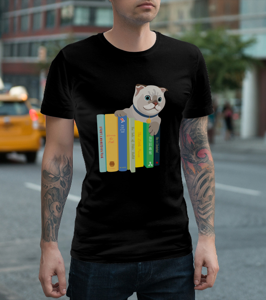 Scottish Fold Cat Sitting On Classic Children's Books Including The Cat In The Hat And Winnie The Pooh T-Shirt