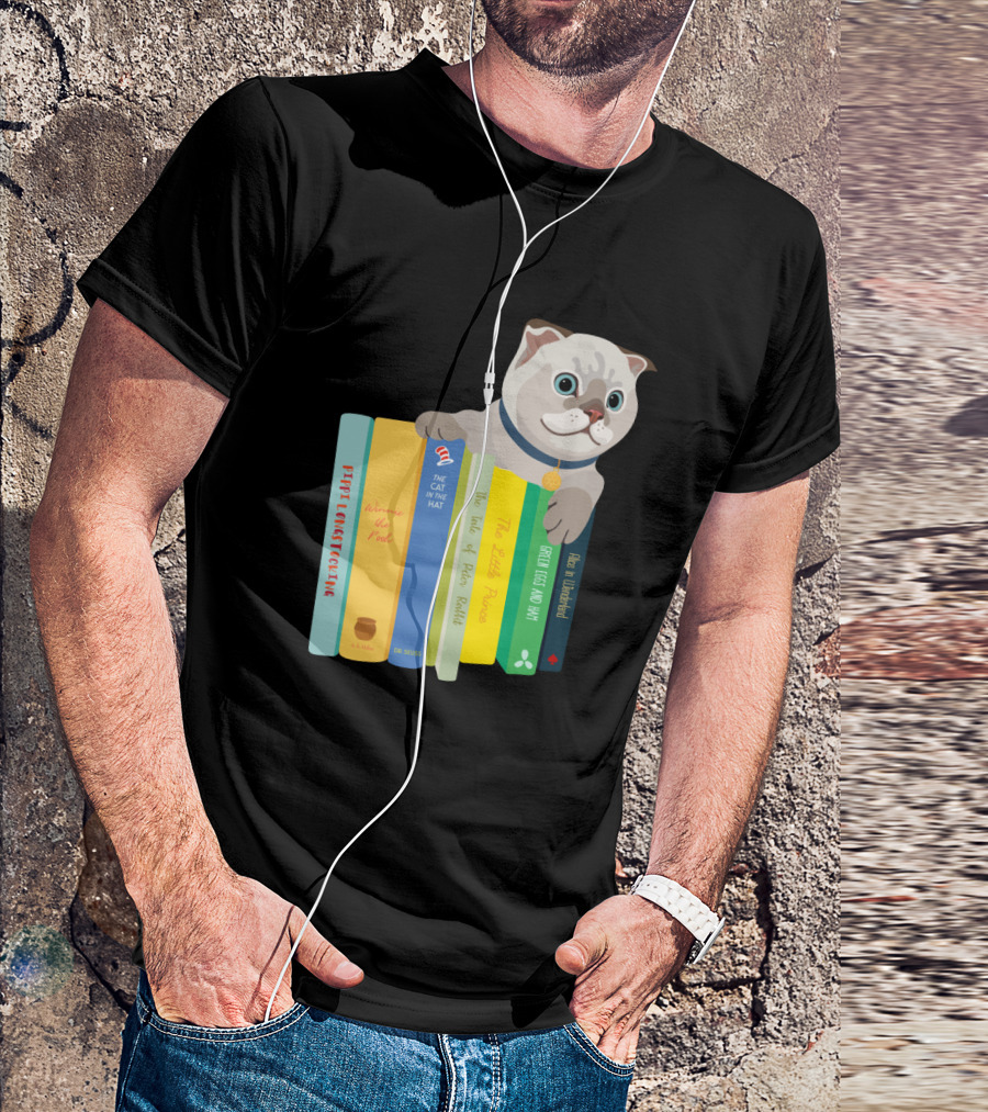 Scottish Fold Cat Sitting On Classic Children's Books Including The Cat In The Hat And Winnie The Pooh T-Shirt