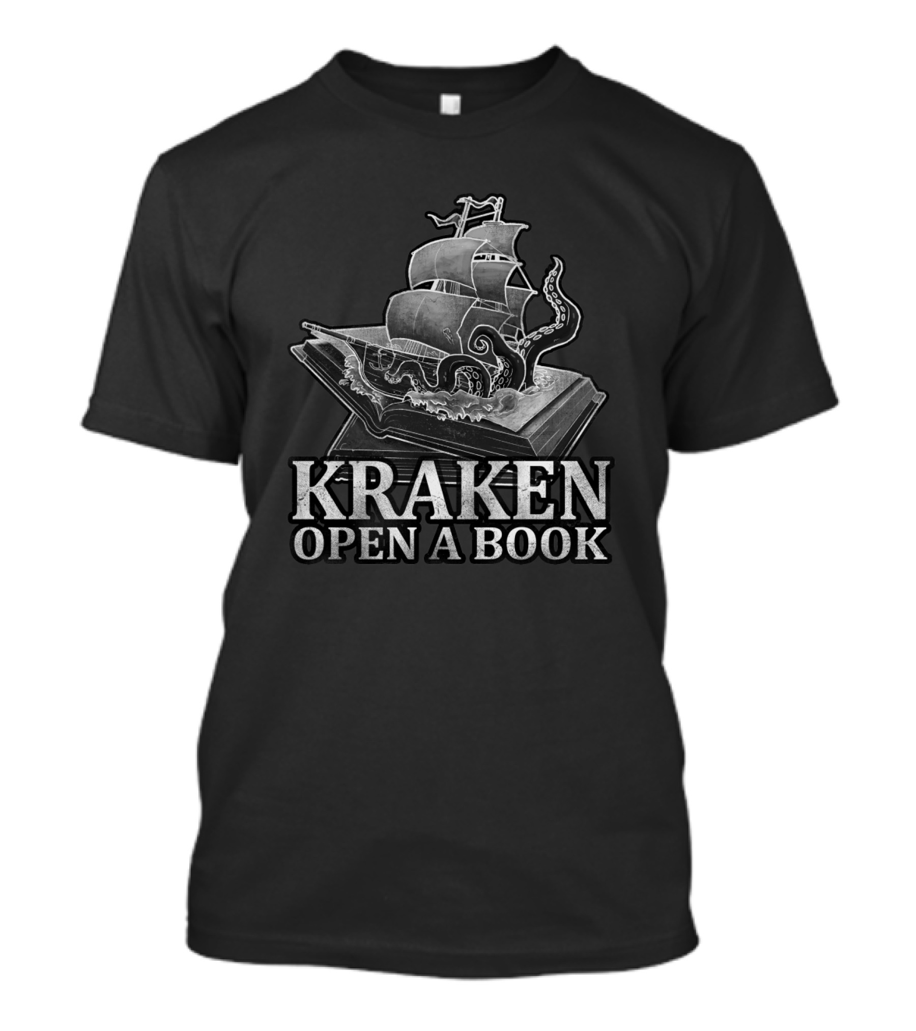 Kraken Open A Book Nautical Adventure With Ship And Tentacles T-Shirt