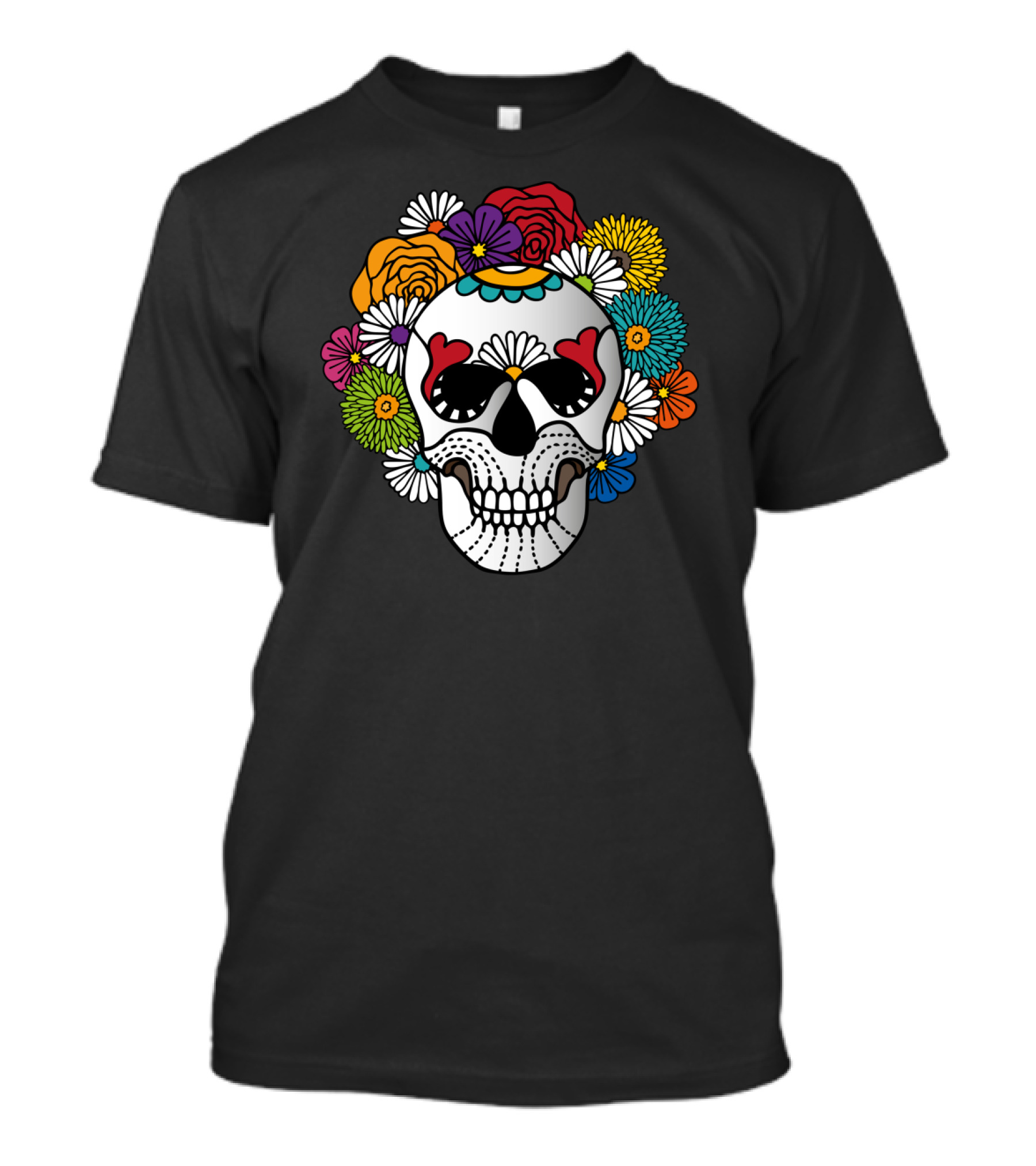 Curly Sugar Skull Floral Day Of The Dead Vibrant Colorful Flowers T-Shirt