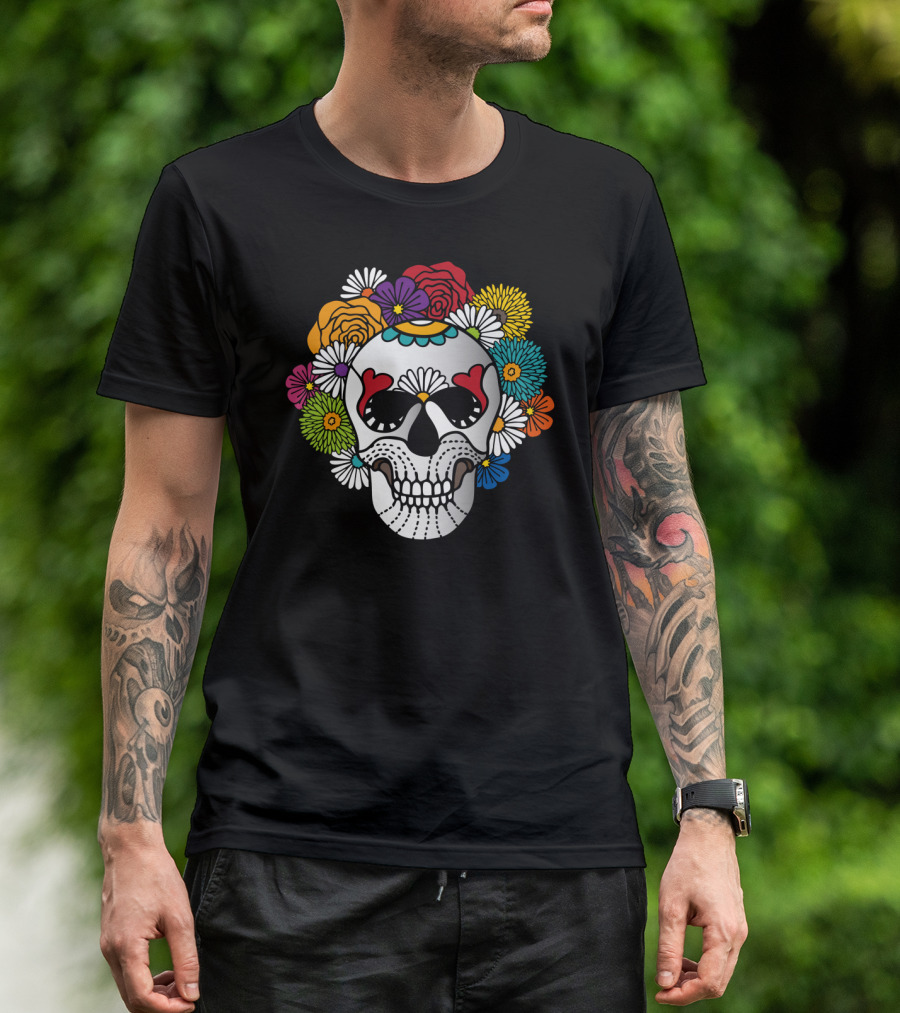 Curly Sugar Skull Floral Day Of The Dead Vibrant Colorful Flowers T-Shirt