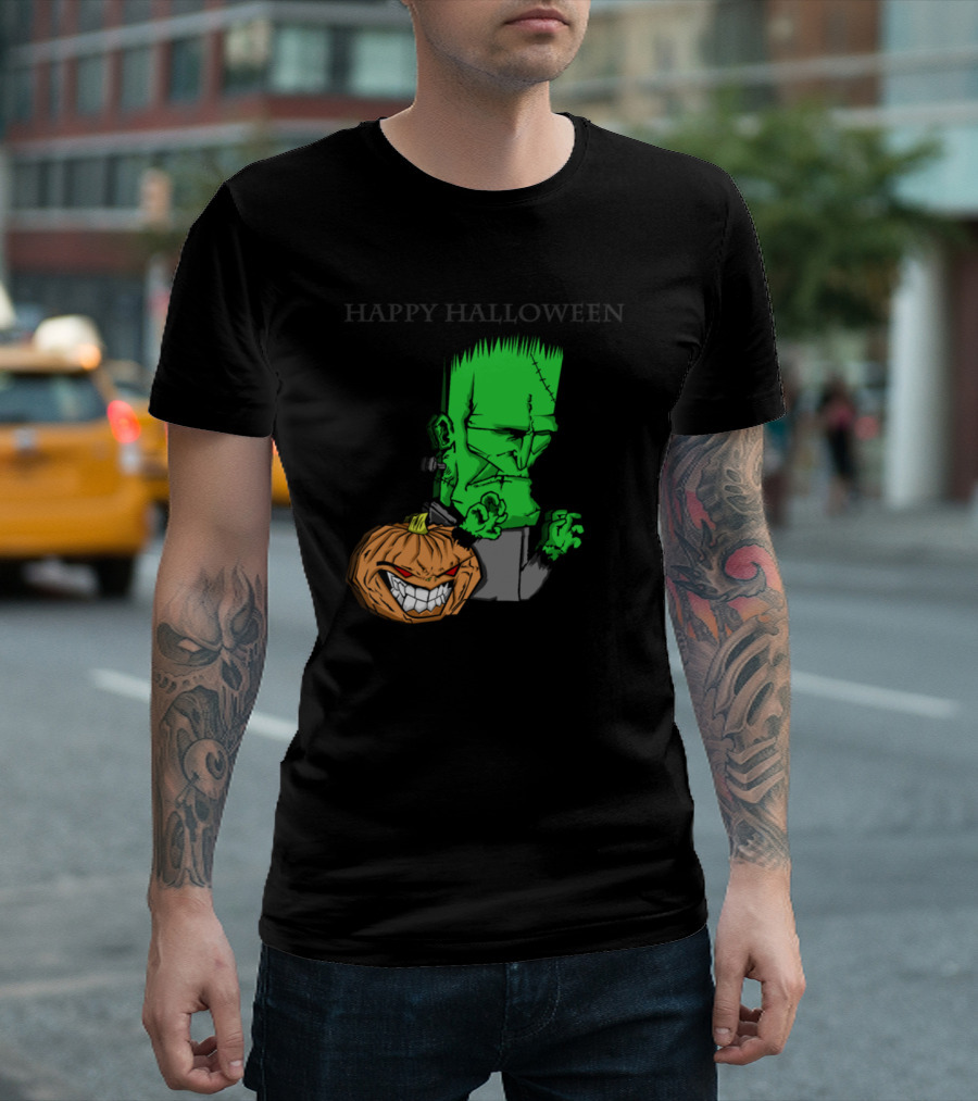 Frankenstein Green Monster with Creepy Grinning Pumpkin Happy Halloween T-Shirt