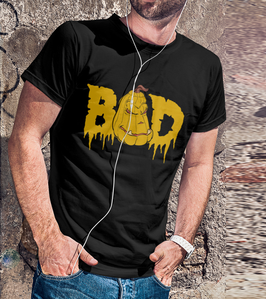 Bad Pumpkin Halloween Scary Horror Face In Dripping Text T-Shirt
