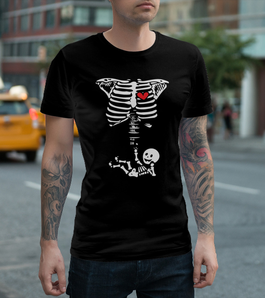 Pregnancy Skeleton with Baby and Heart Halloween T-Shirt