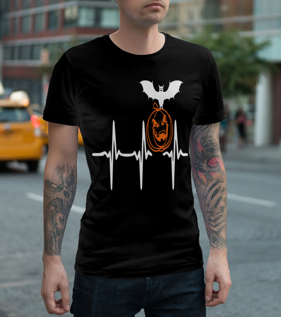 Heart Beat Halloween Pumpkin Bat T-Shirt