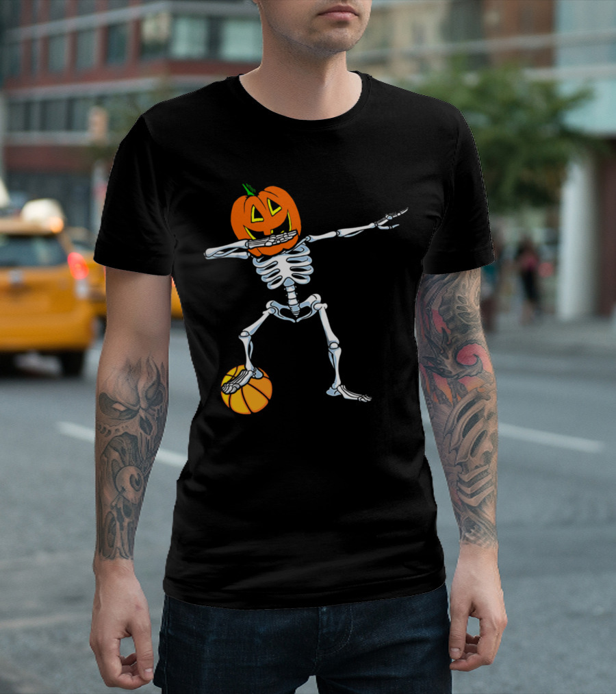 Dabbing Pumpkin Head Skeleton Dab Basketball Dance T-Shirt