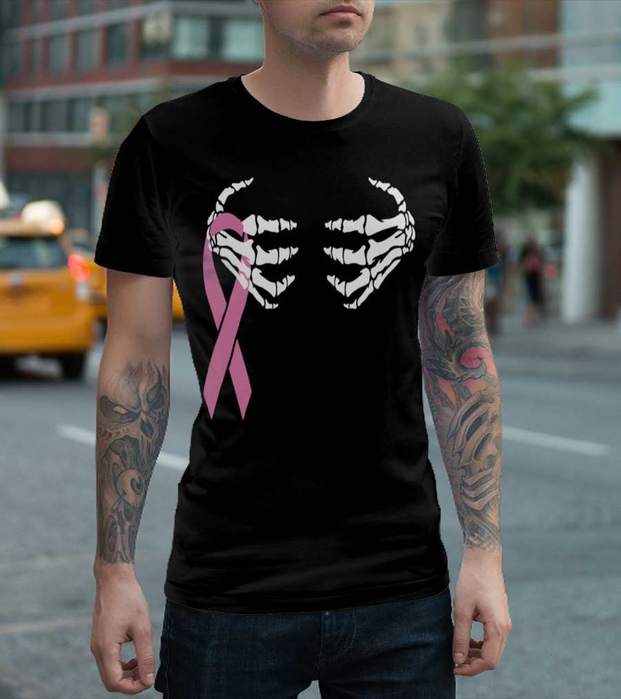Skeleton Hand with Pink Ribbon Breast Cancer Awareness T-Shirt