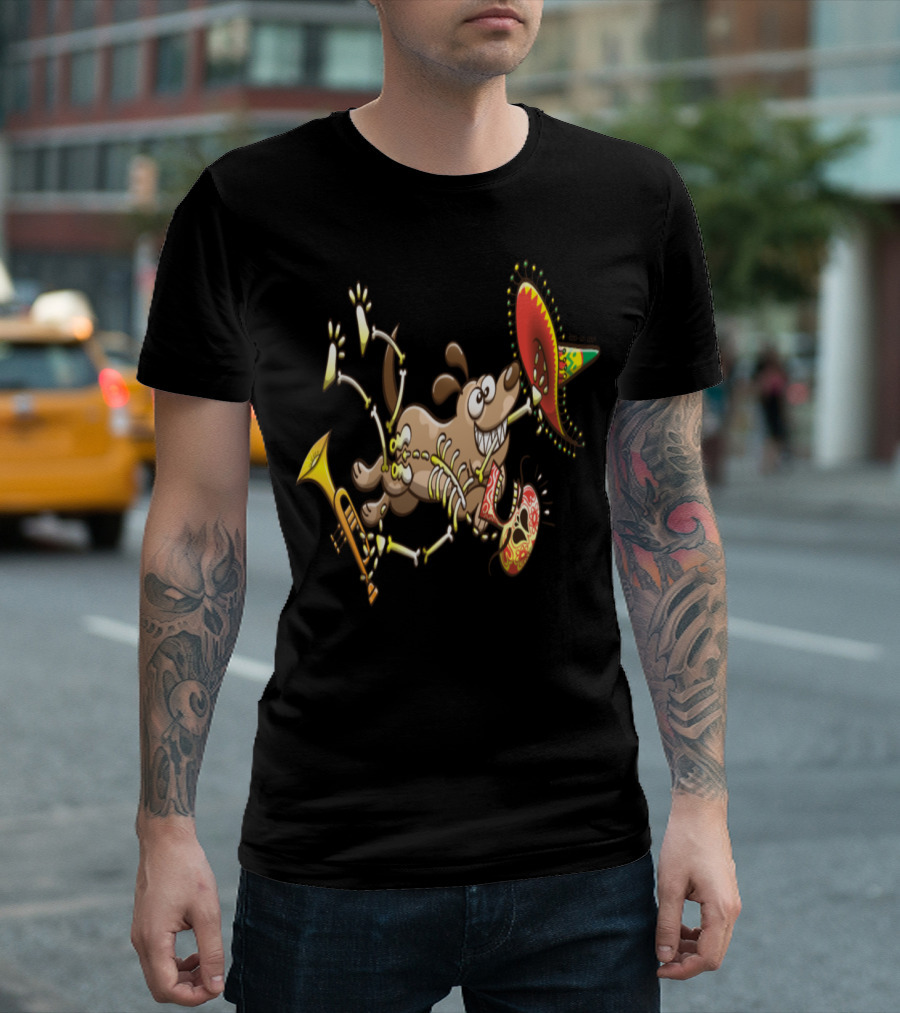 Mischievous Dog with Mexican Skeleton Disguise and Sombrero Playful Chaos T-Shirt