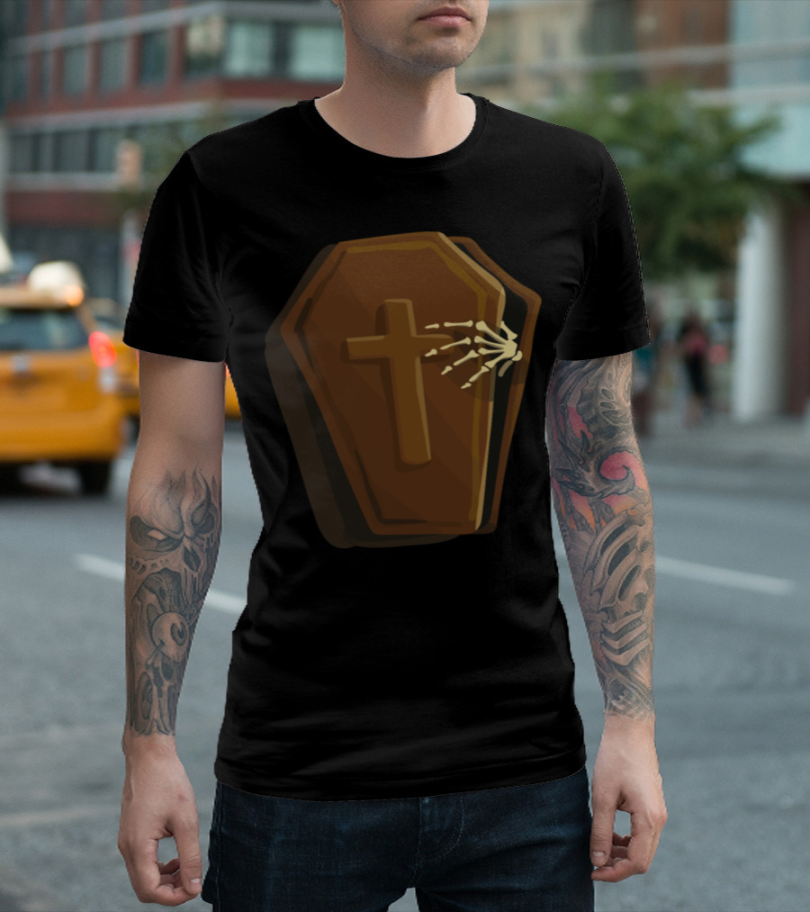 Halloween Coffin With Skeleton Hand and Cross T-Shirt