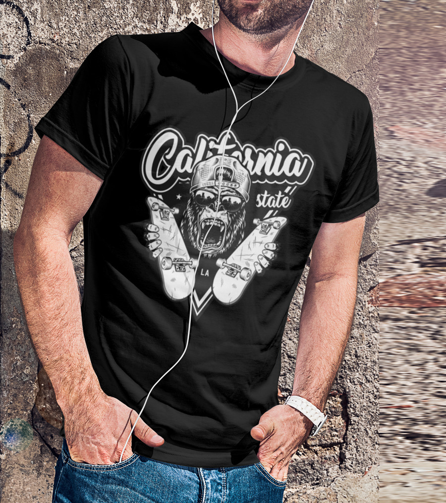 California State Gorilla Skateboarding LA Badge With Angry Expression T-Shirt