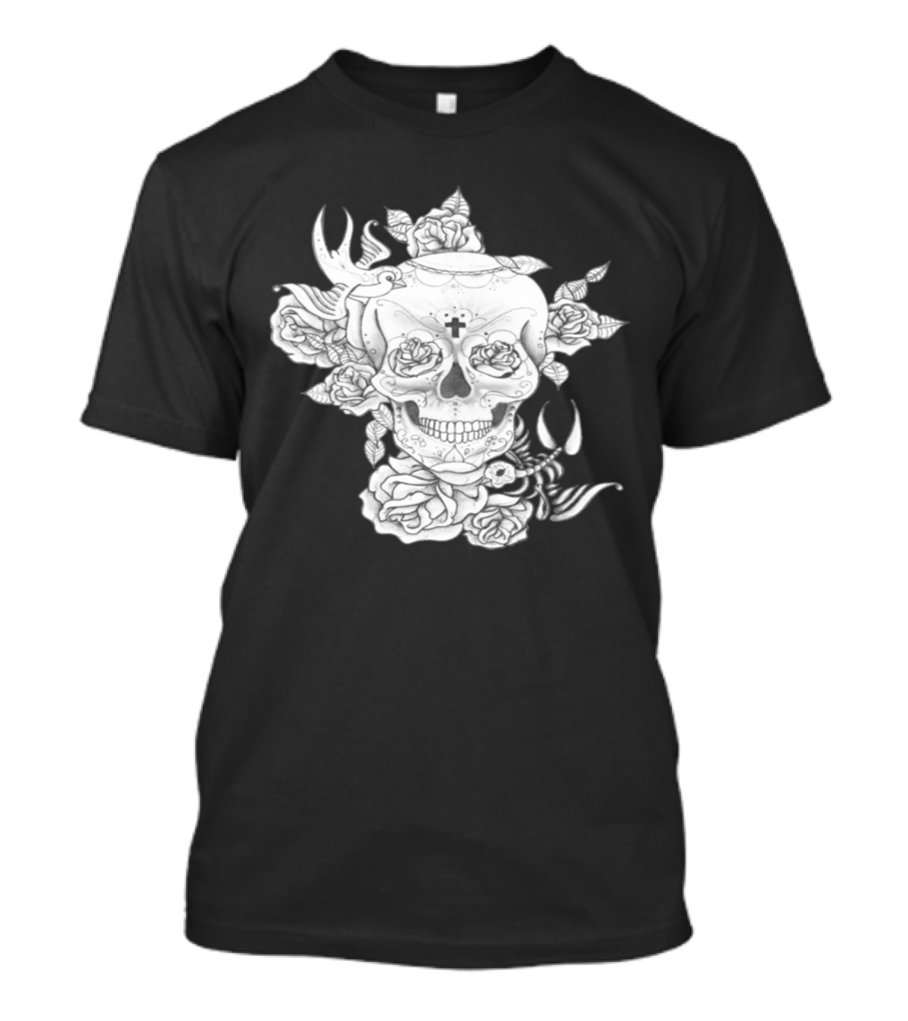 Hand Drawn Skull With Cross And Floral Elements T-Shirt