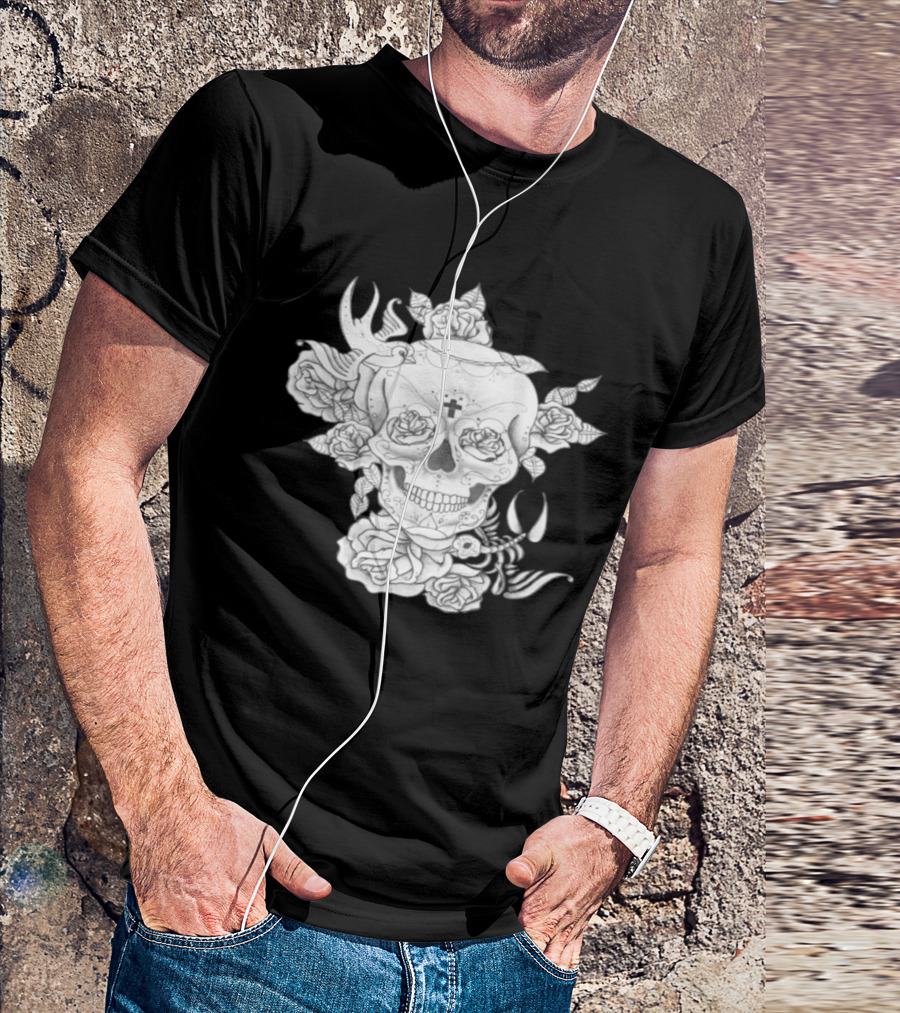 Hand Drawn Skull With Cross And Floral Elements T-Shirt