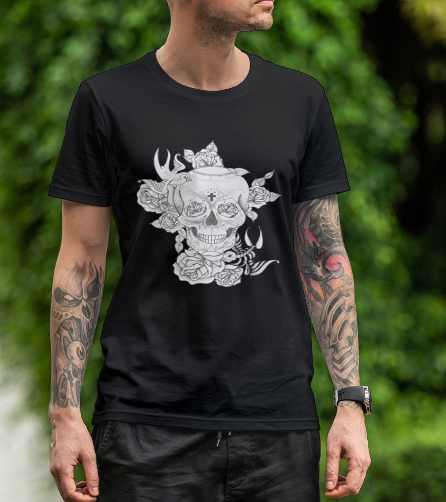 Hand Drawn Skull With Cross And Floral Elements T-Shirt