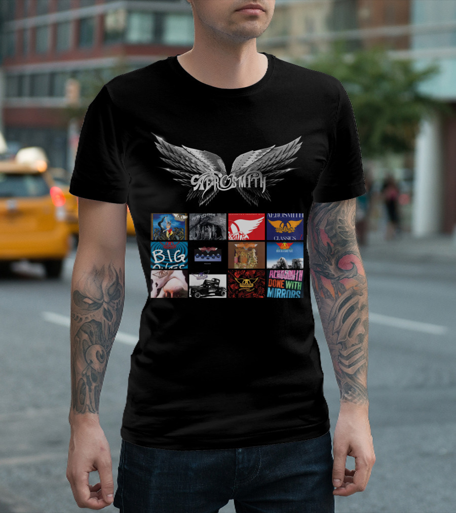 Aerosmith Wings Logo with Album Covers Collection Classics Big Ones Permanent Vacation Pump Done With Mirrors T-Shirt