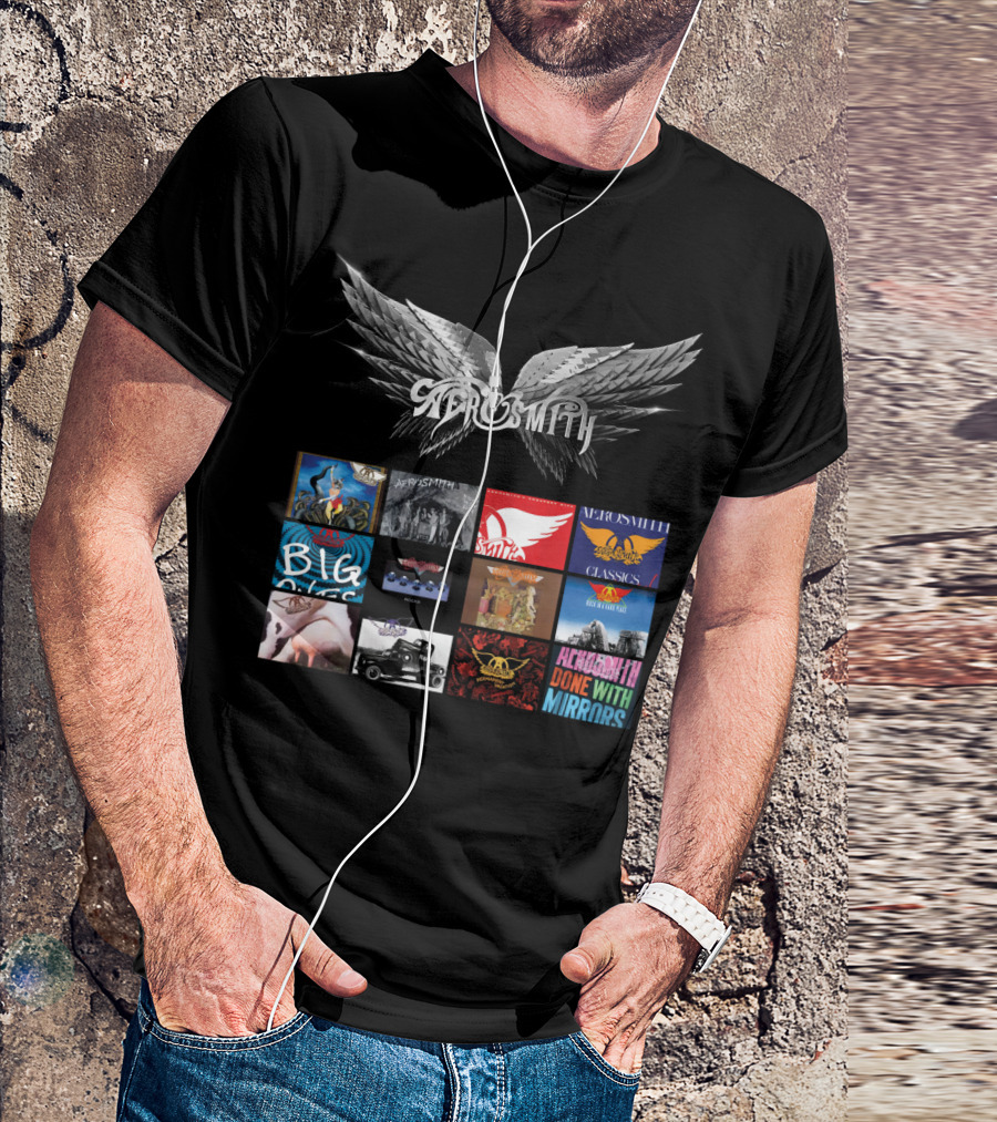 Aerosmith Wings Logo With Album Covers Collection Classics Big Ones Permanent Vacation Pump Done With Mirrors T-Shirt