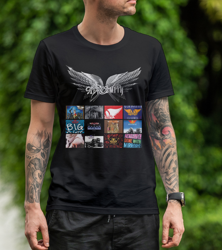 Aerosmith Wings Logo With Album Covers Collection Classics Big Ones Permanent Vacation Pump Done With Mirrors T-Shirt