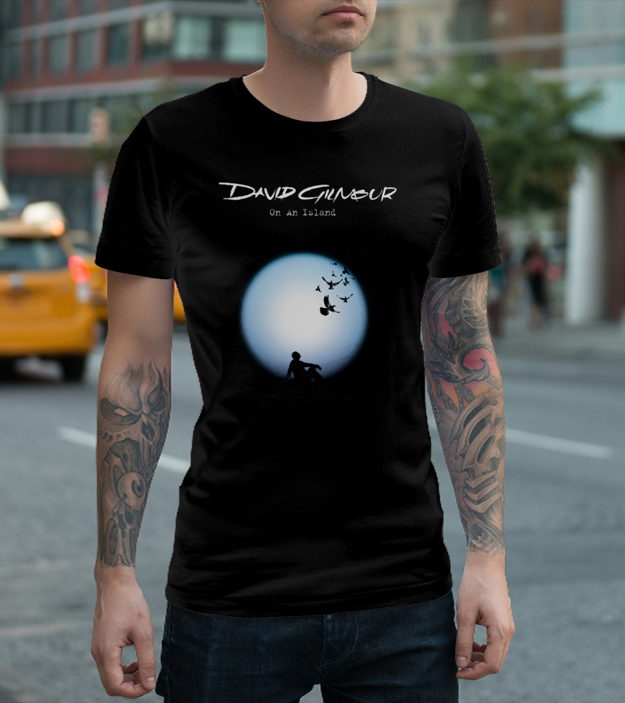 David Gilmour On An Island Silhouette and Birds Moon Scene T-Shirt