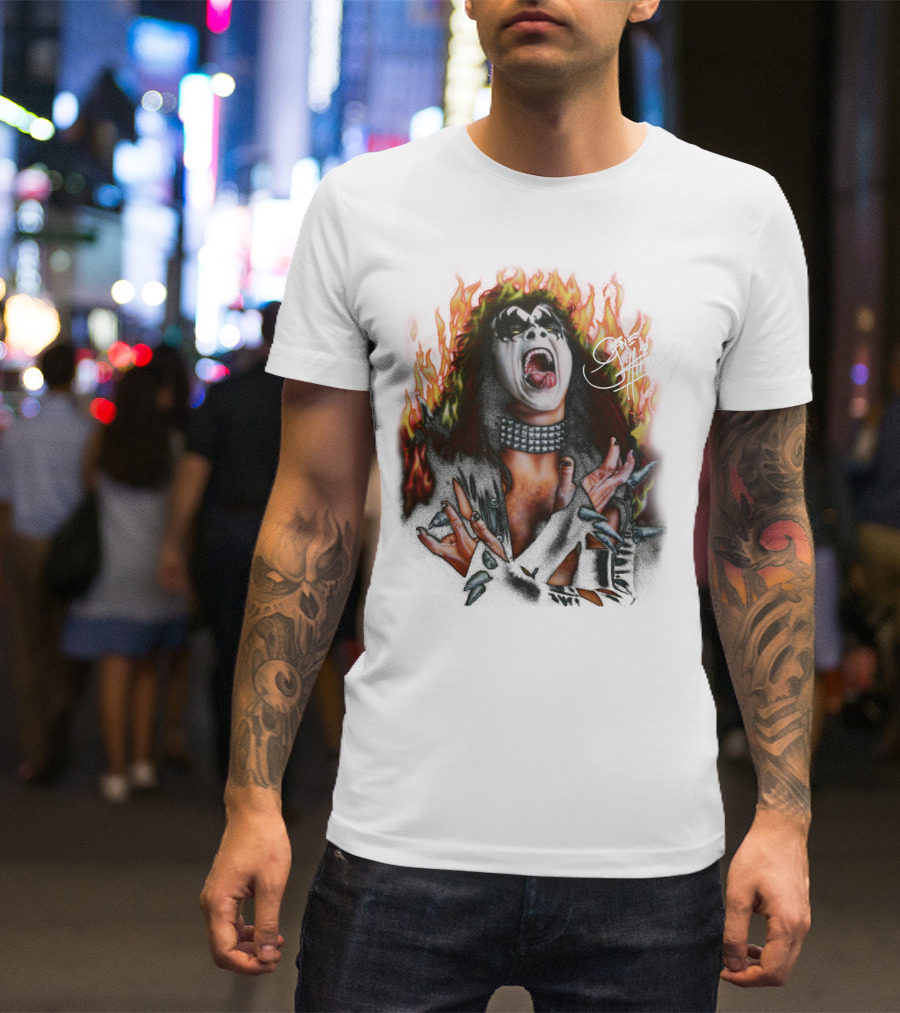 Gene Simmons Demon Makeup Fire Background T-Shirt