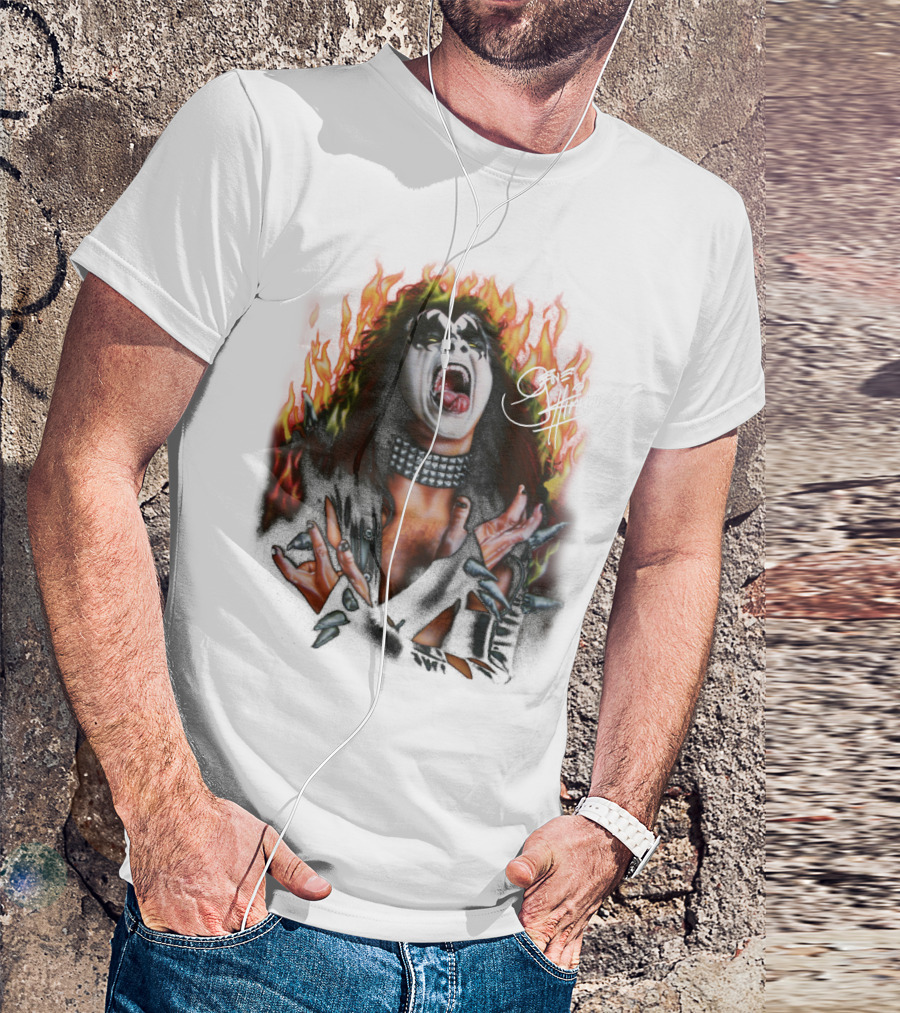 Gene Simmons Demon Makeup Fire Background T-Shirt