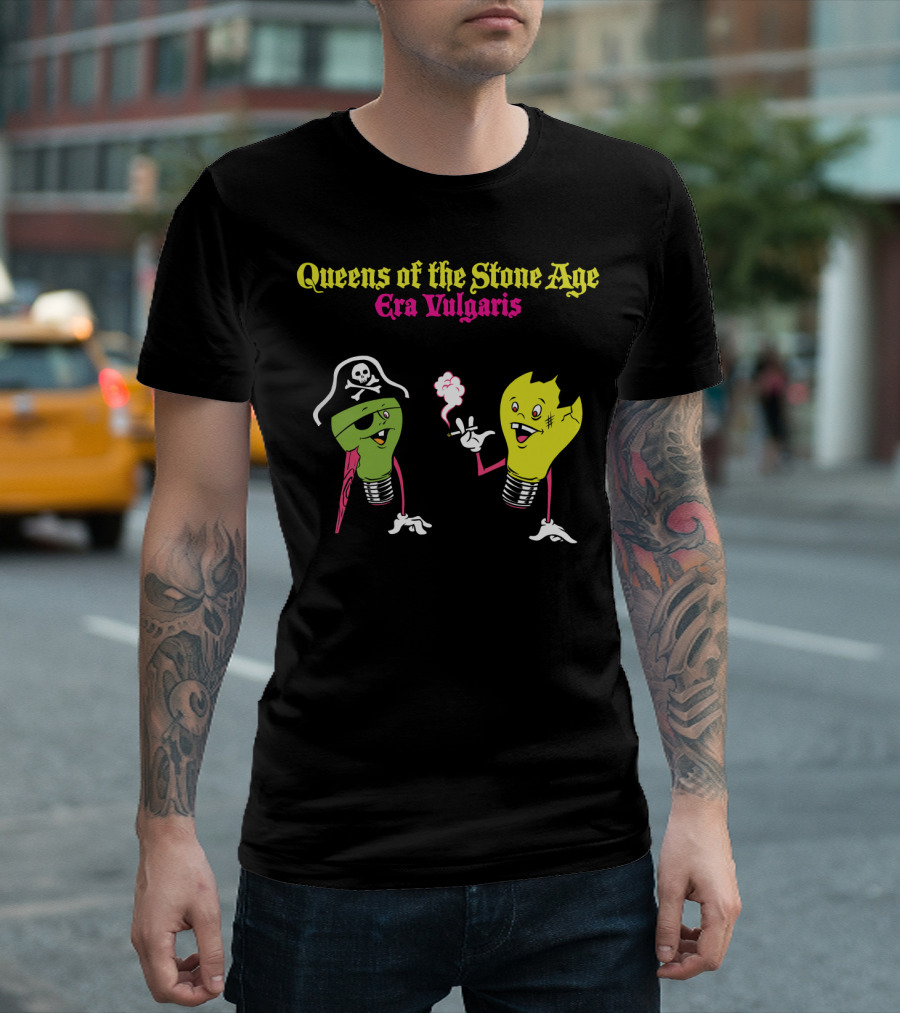 Queens of the Stone Age Era Vulgaris Smoking Light Bulb and Pirate Character T-Shirt