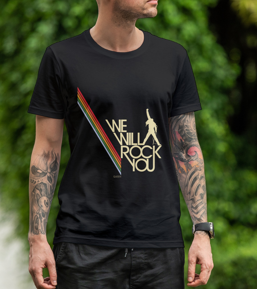 Queen We Will Rock You Silhouette Logo Rainbow Stripes T-Shirt