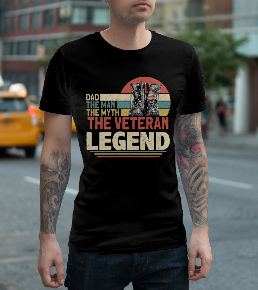 Dad the Man the Myth the Veteran Legend with Boots and Patriotic Stripes T-Shirt