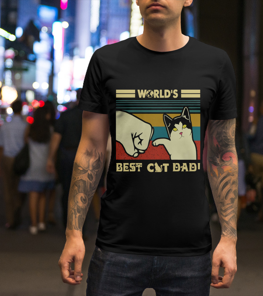World's Best Cat Dad Fist Bump Retro Stripe T-Shirt