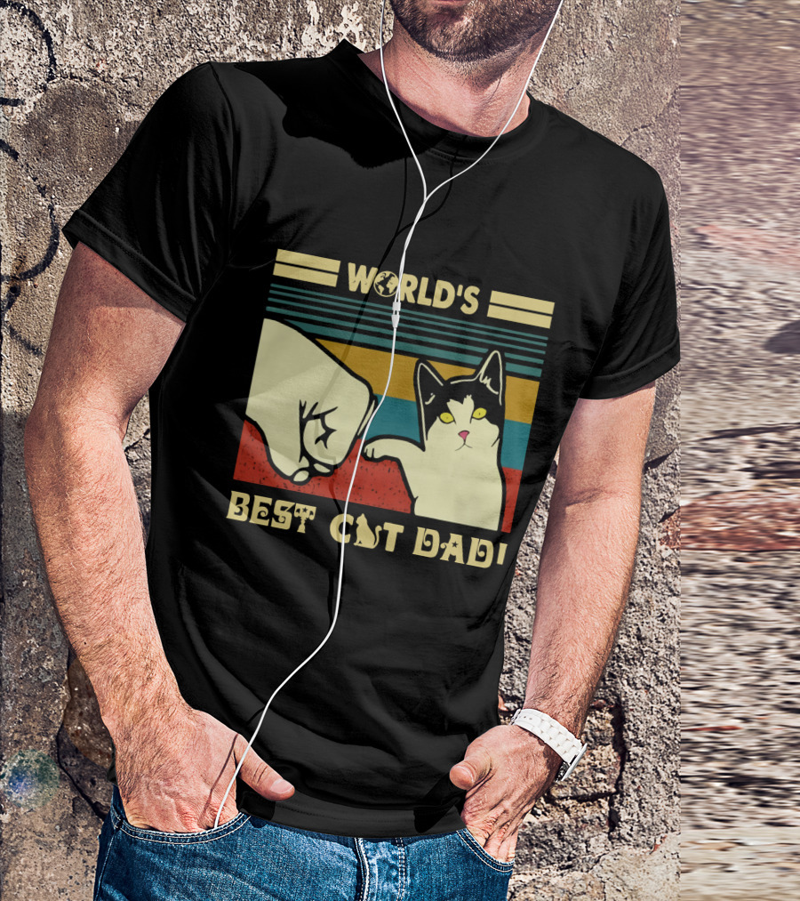 World's Best Cat Dad Fist Bump Retro Stripe T-Shirt