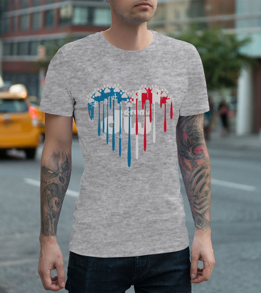 I Love Drums American Flag Heart With Paw Prints And Stars T-Shirt