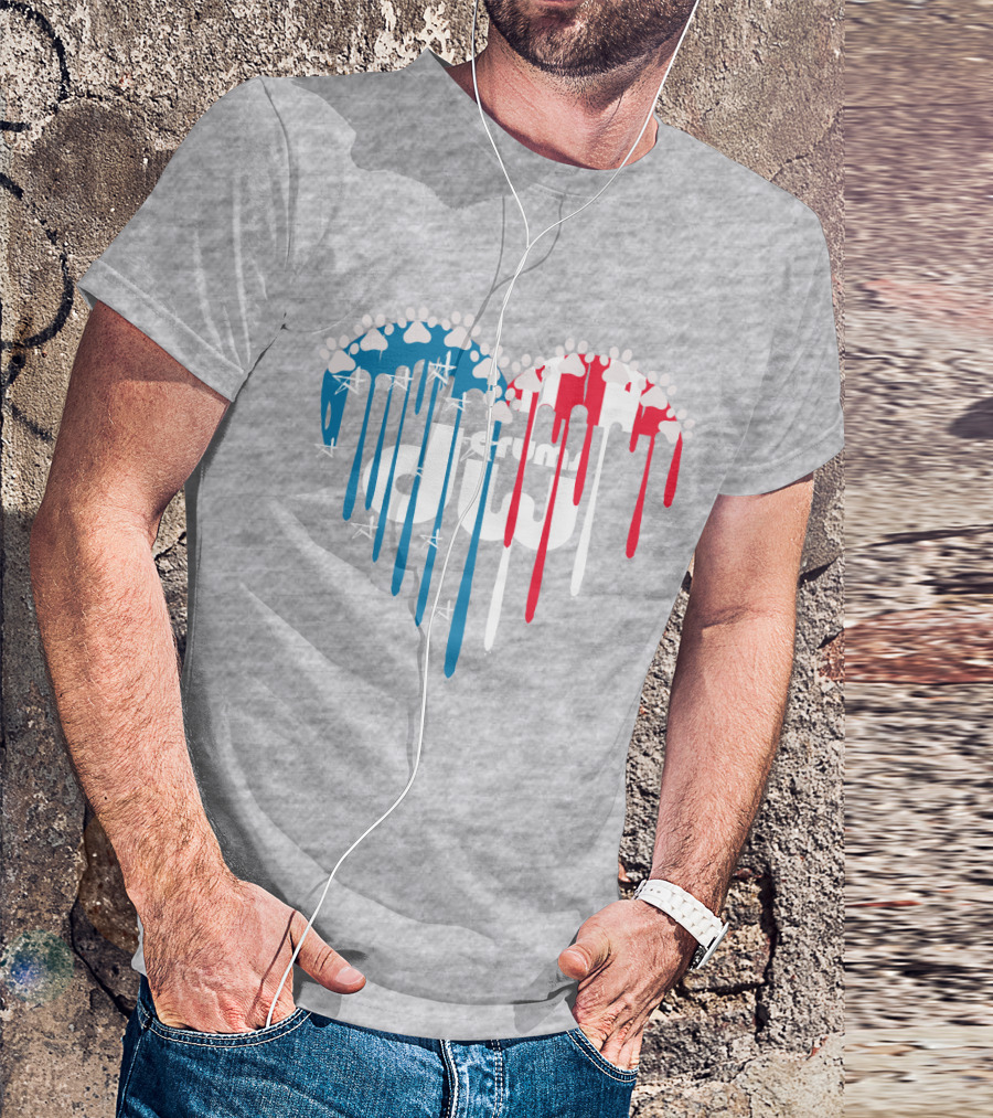 I Love Drums American Flag Heart With Paw Prints And Stars T-Shirt