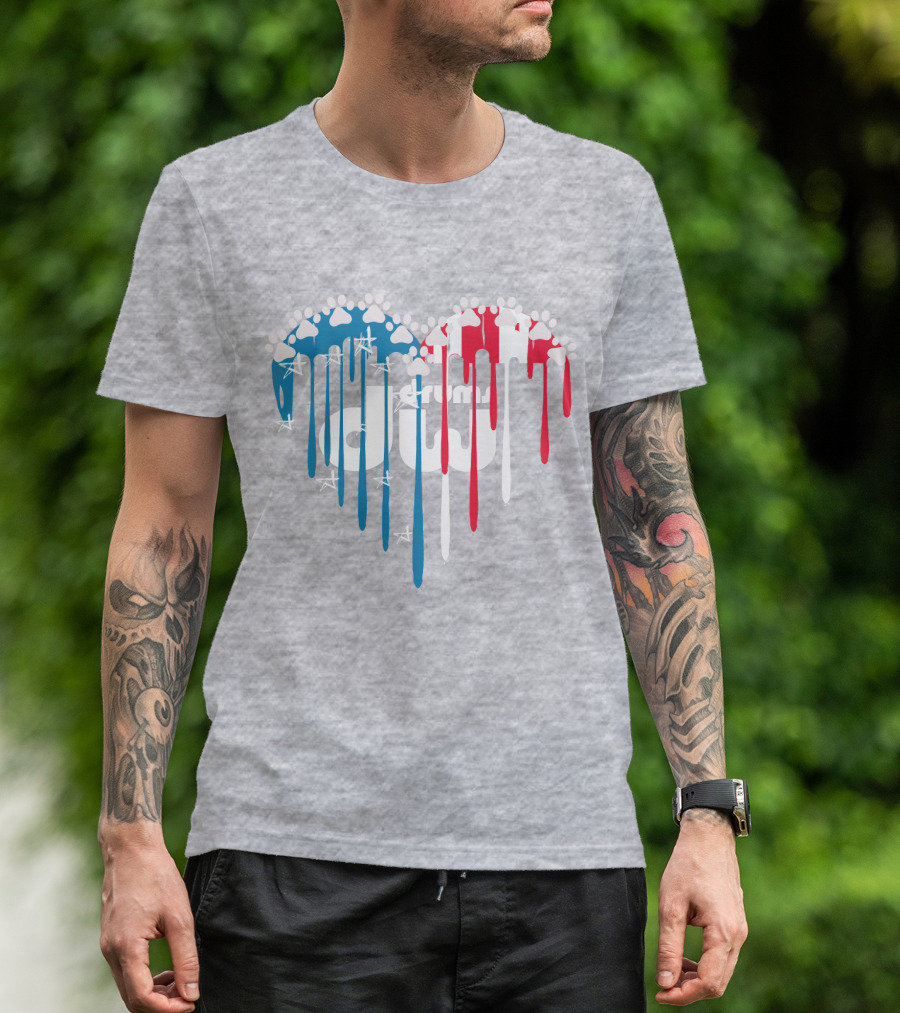 I Love Drums American Flag Heart With Paw Prints And Stars T-Shirt