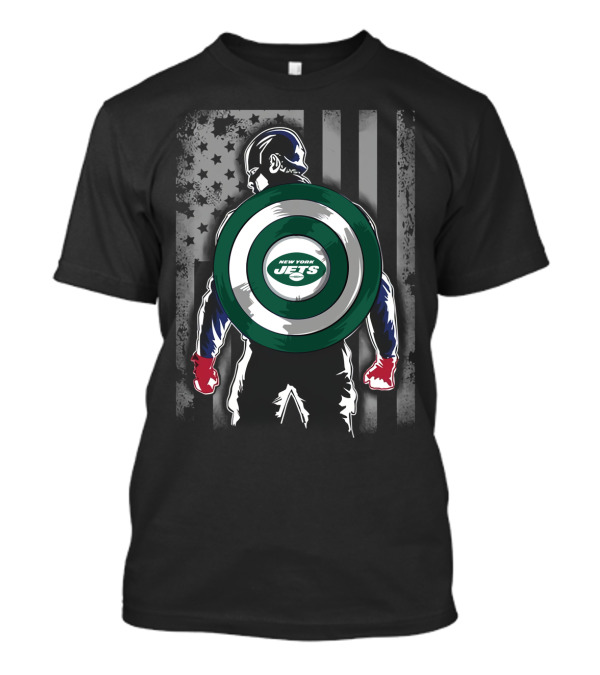 New York Jets Captain America Shield With Flag Background T-Shirt
