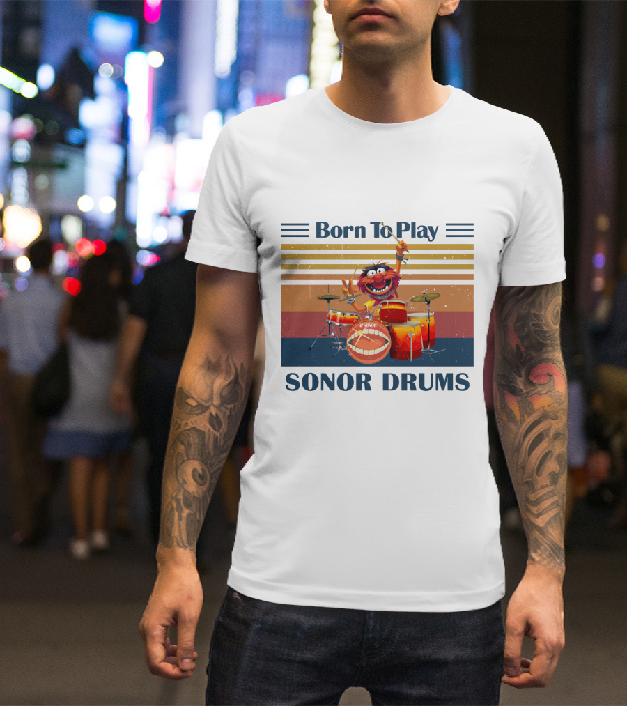 Born To Play Sonor Drums Animal Muppet Featuring Vintage Sunset Stripes T-Shirt