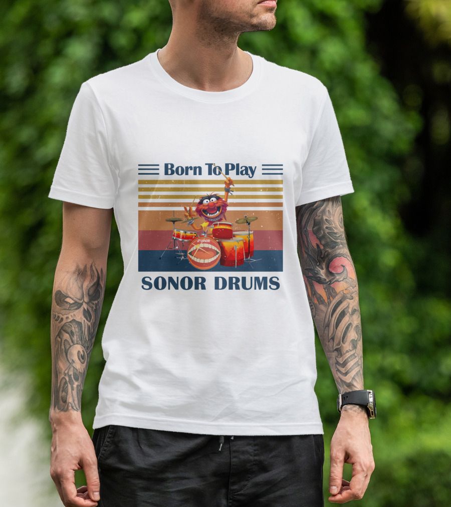 Born To Play Sonor Drums Animal Muppet Featuring Vintage Sunset Stripes T-Shirt
