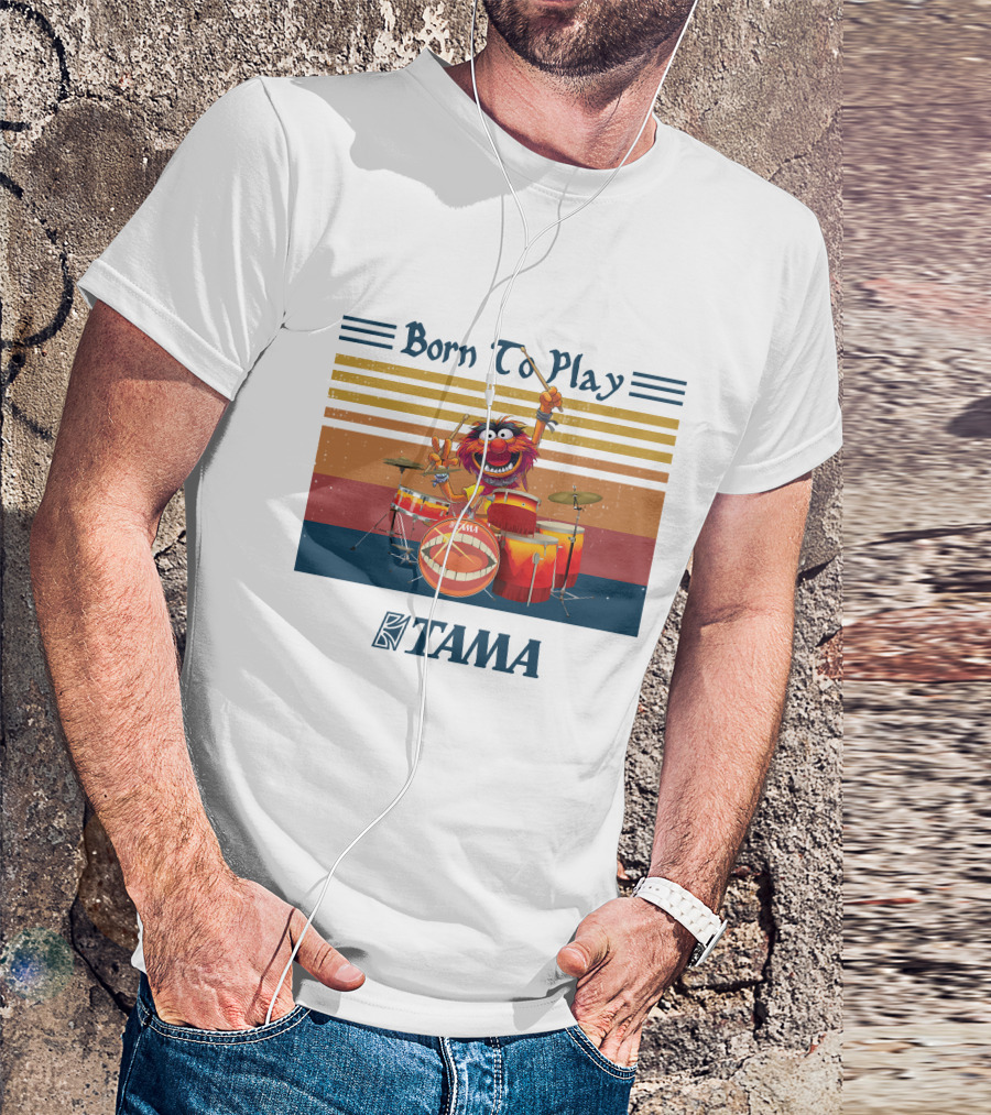 Born To Play TAMA Drum Set With Enthusiastic Drumming Character T-Shirt