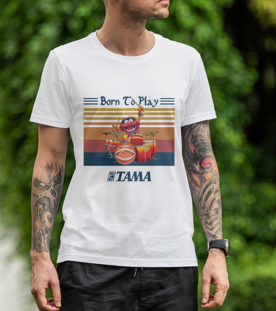 Born To Play TAMA Drum Set With Enthusiastic Drumming Character T-Shirt