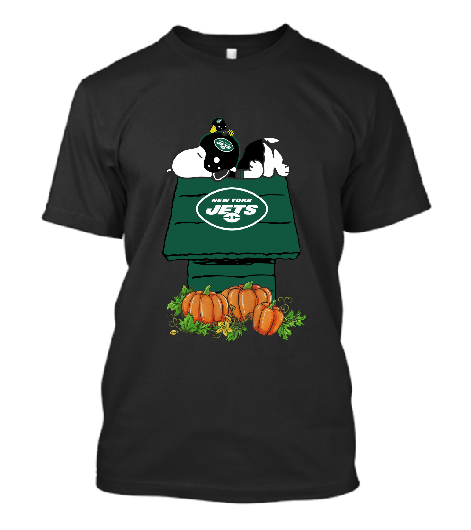 New York Jets Snoopy Resting On Pumpkin Doghouse T-Shirt