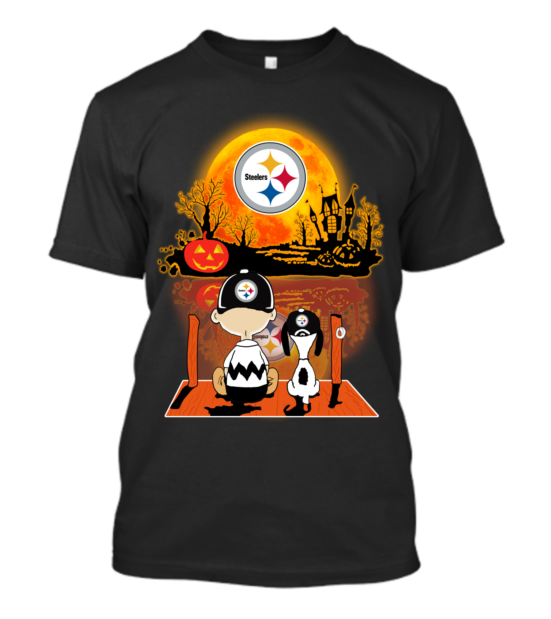 Pittsburgh Steelers Snoopy Charlie Brown Halloween Pumpkin Moon House T-Shirt