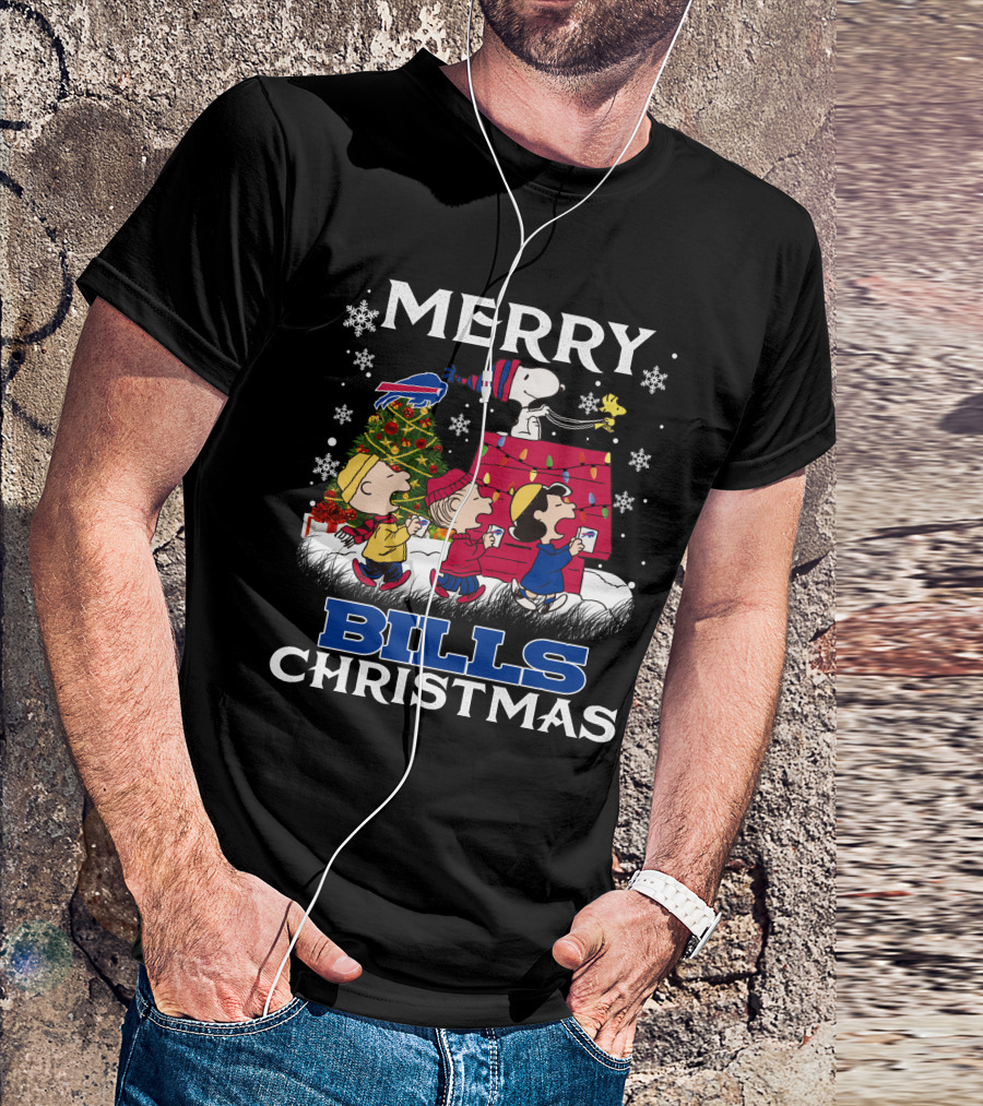 Buffalo Bills Snoopy Merry Christmas With Peanuts Characters And Festive Tree T-Shirt