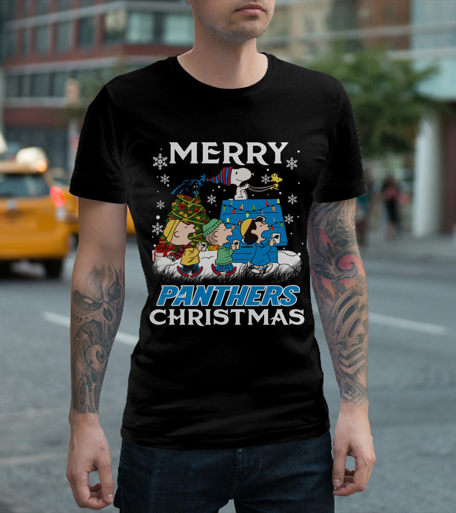 Merry Panthers Christmas Snoopy and Friends Holiday Scene T-Shirt