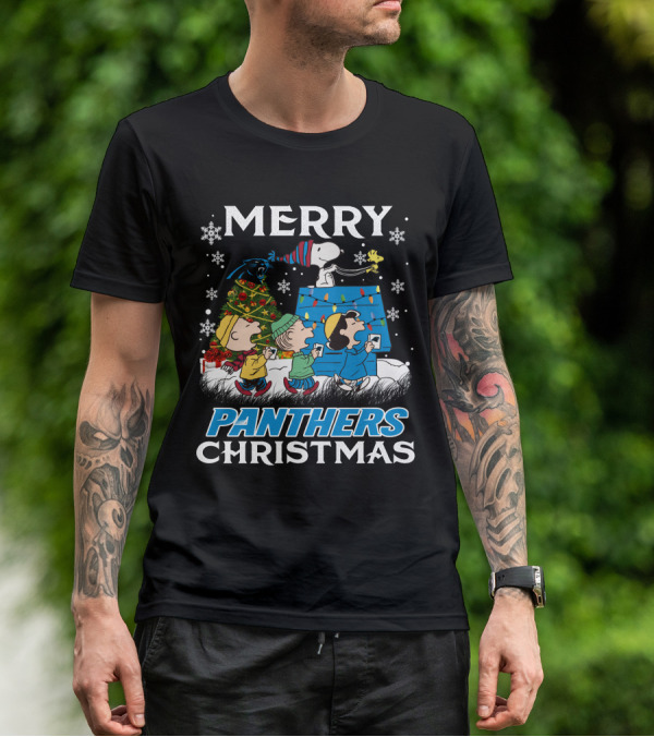 Merry Panthers Christmas Snoopy And Friends Holiday Scene T-Shirt