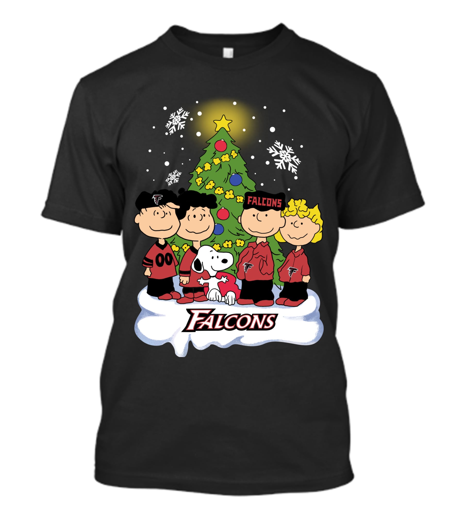 Snoopy Atlanta Falcons Christmas Peanuts Characters Snowflakes Tree T-Shirt