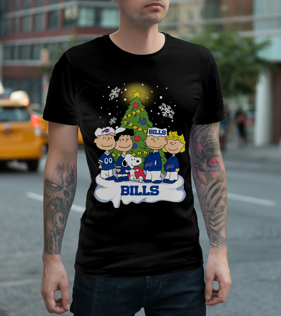Snoopy and Peanuts Characters Celebrating with Buffalo Bills Christmas Tree T-Shirt