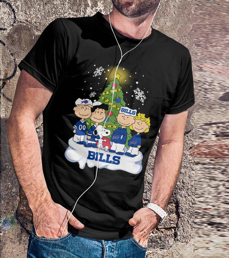 Snoopy And Peanuts Characters Celebrating With Buffalo Bills Christmas Tree T-Shirt