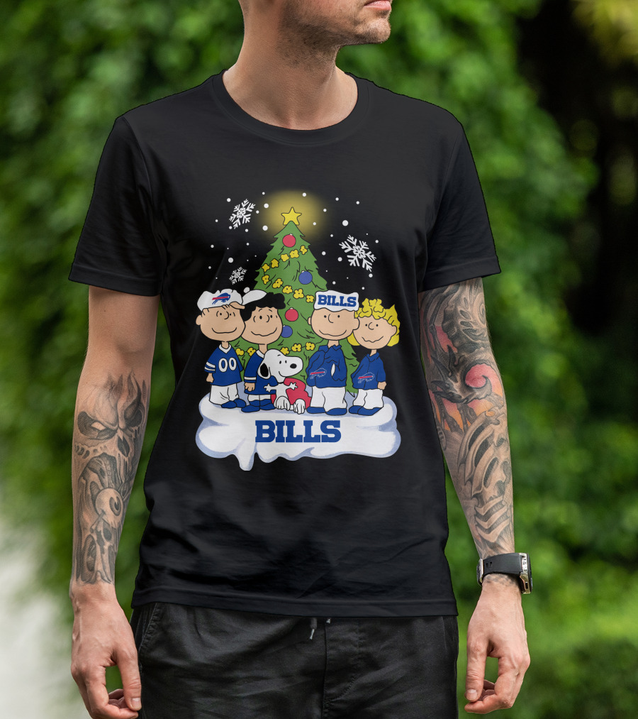 Snoopy And Peanuts Characters Celebrating With Buffalo Bills Christmas Tree T-Shirt