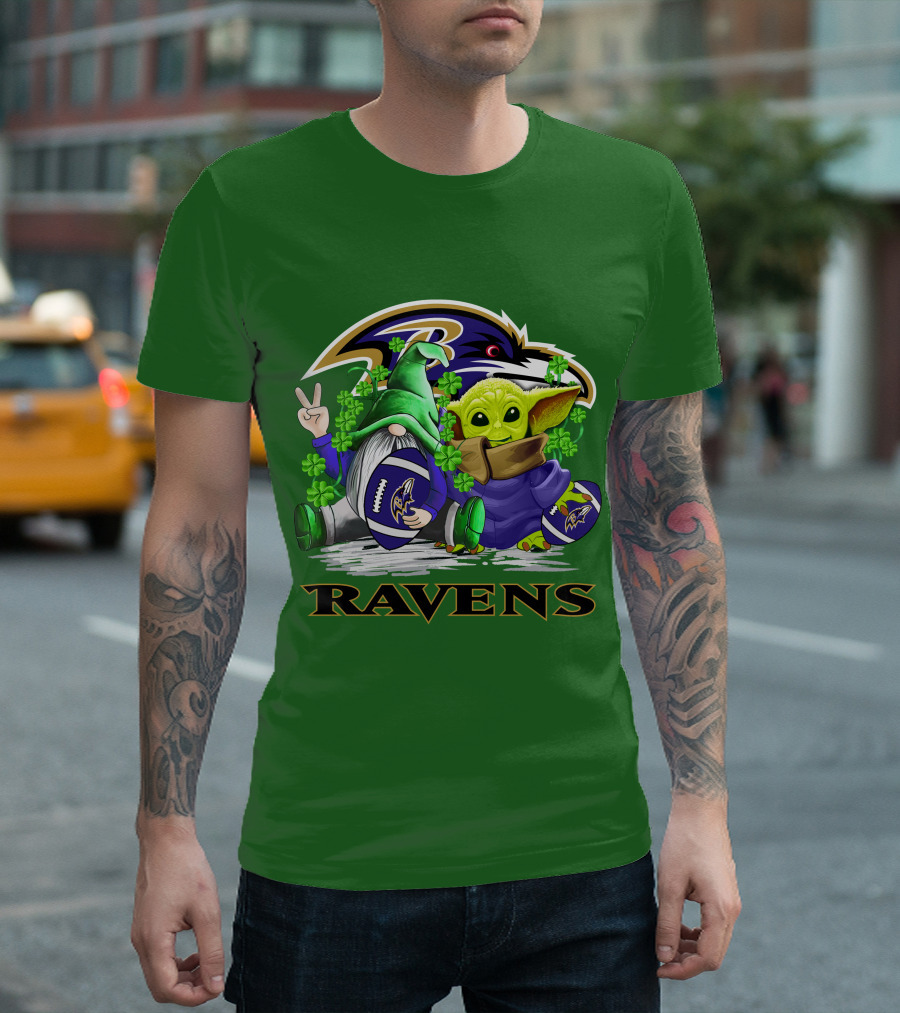 Baltimore Ravens St. Patrick's Day Football Gnome and Baby Alien with Shamrocks T-Shirt